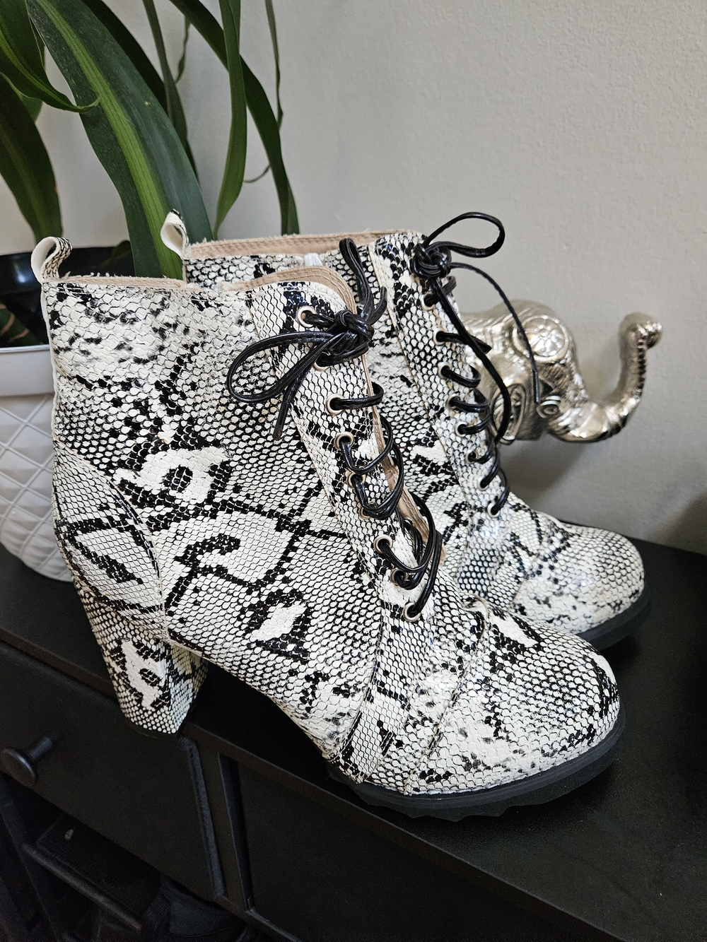 Chase + Chloe Women's Snake-Print Lace-Up Block Heel Boots - Black & White